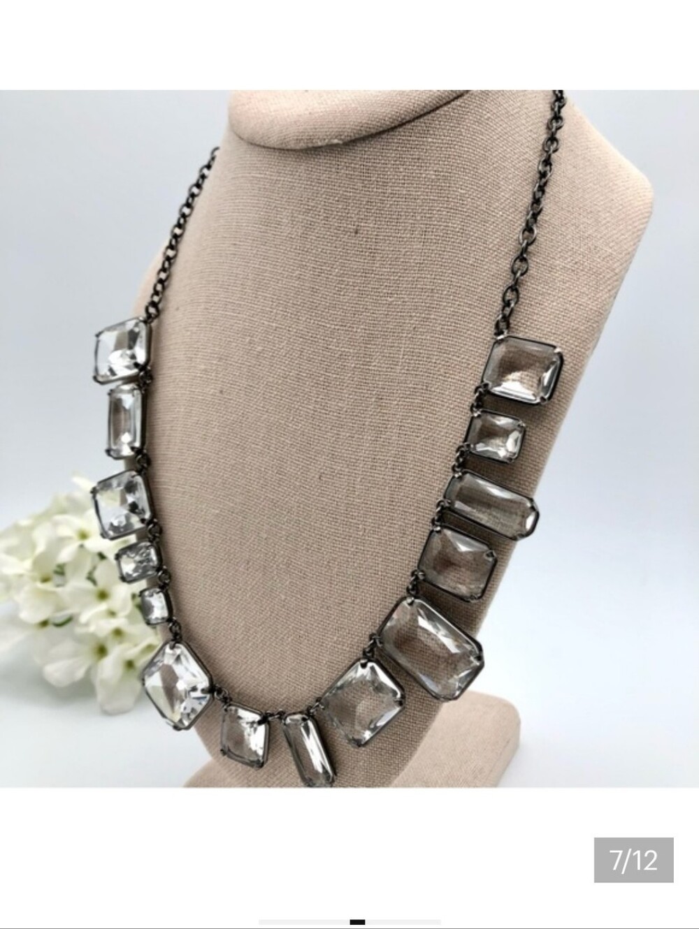 J. Crew Signed Crystal Statement Necklace in Clear with Gunmetal Setting - Picture 2 of 5